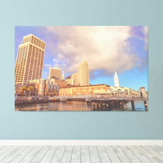 Regenboog boven de stad canvas afdruk (Insitu (Houten vloer))