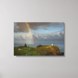 Regenboog boven Kilauea-vuurtoren op canvas Afdruk