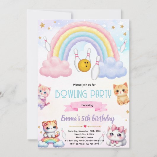 Regenboog bowlingskat feest uitnodiging (Voorkant)