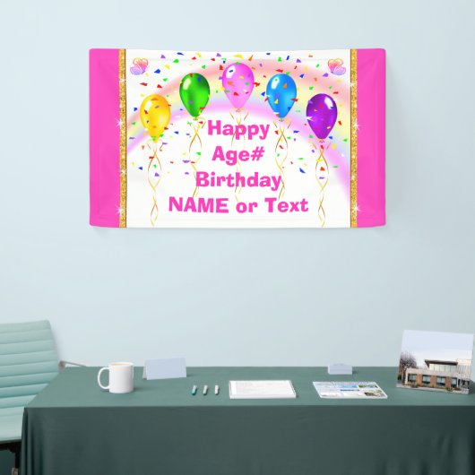 Regenboog, Butterflies en ballonnen, roze verjaard Spandoek (Beurs)