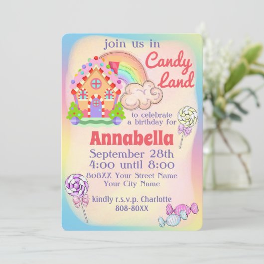 Regenboog Candy Land Feest Kaart (Staand voorkant)
