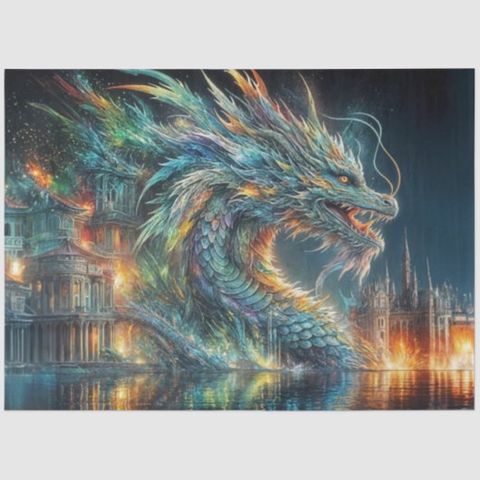 Regenboog Chinese Draak in Water Decoupage Tissuepapier (Voorkant)