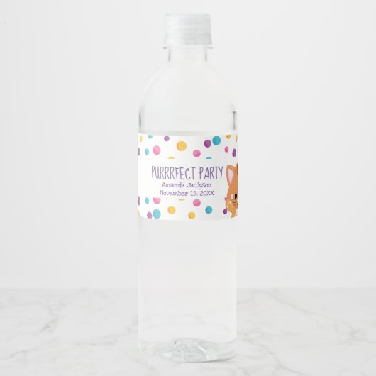 Regenboog Confetti Schattige Kitty Kat Verjaardags Waterfles Etiket (Voorkant)