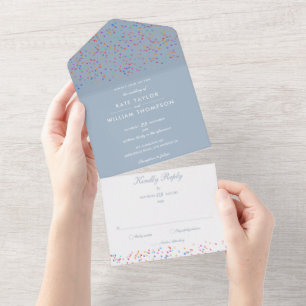 Regenboog Confetti Stofblauw Monogram Huwelijk All In One Uitnodiging