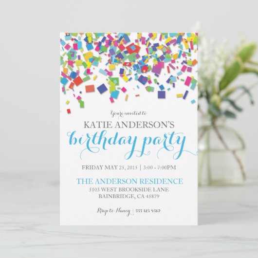 Regenboog Confetti | Uitnodiging voor verjaardagsf (Staand voorkant)