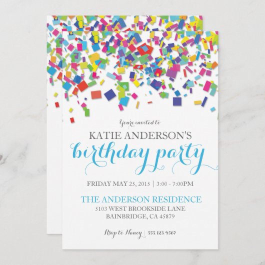 Regenboog Confetti | Uitnodiging voor verjaardagsf (Voorkant / Achterkant)