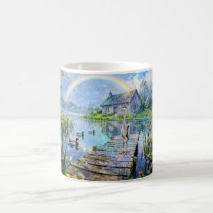 Regenboog Cottage met Eenden, Reiger en Bosbeek Koffiemok