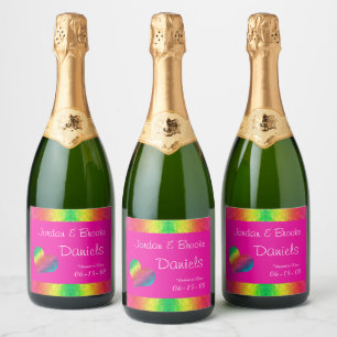 [Regenboog Crinkle Bruiloft] Hart Vlinder Roze Sparkling Wijnetiket