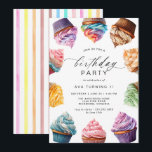 Regenboog Cupcakes | Schattige Meisjes Verjaardags Kaart<br><div class="desc">Leuke uitnodigingen voor verjaardagsfeestjes met een dessert-thema die kunnen worden gewijzigd naar elke leeftijd. Kleurrijke cupcakes omringen je evenementgegevens. De achterzijde heeft een regenboogstrepenpatroon.</div>