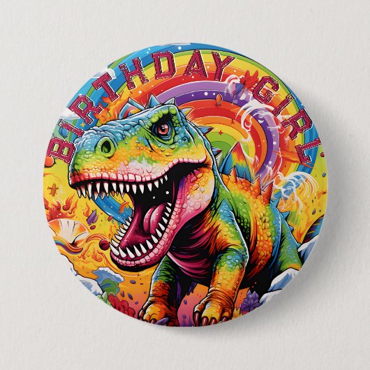 Regenboog dinosaurus gelukkig verjaardag Meisje Ronde Button 7,6 Cm (Voorkant)