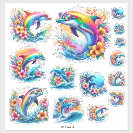 Regenboog Dolfijn en Ocean Retro Sticker Sheet (Vel)