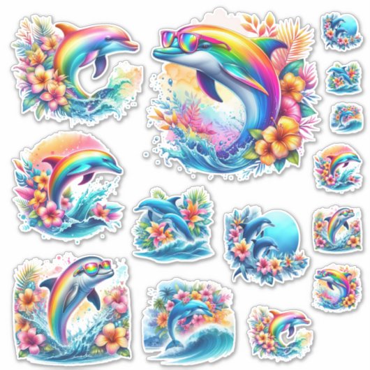 Regenboog Dolfijn en Ocean Retro Sticker Sheet (Voorkant)