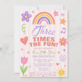 Regenboog Doodle Uitnodiging Derde Verjaardagsfees (Voorkant)