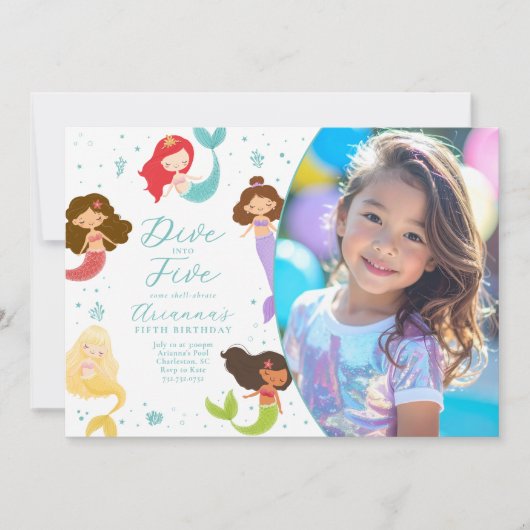 Regenboog Duik in Vijf Zeemeermin Verjaardag Kaart (Voorkant)