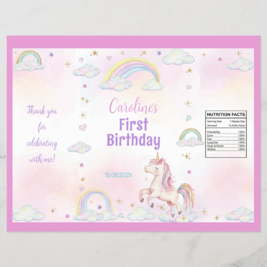 Regenboog Eenhoorn 1e Verjaardag Chip Bag Wrapper Flyer (Voorkant)