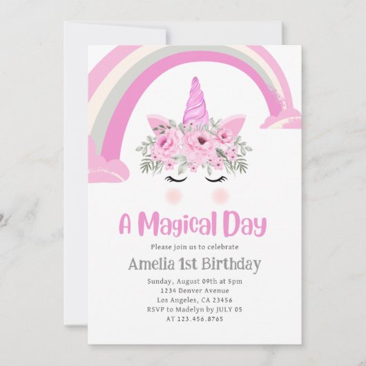 Regenboog Eenhoorn 1e Verjaardagsfeestje Roze Kaart (Voorkant)