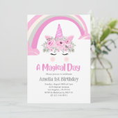 Regenboog Eenhoorn 1e Verjaardagsfeestje Roze Kaart (Staand voorkant)