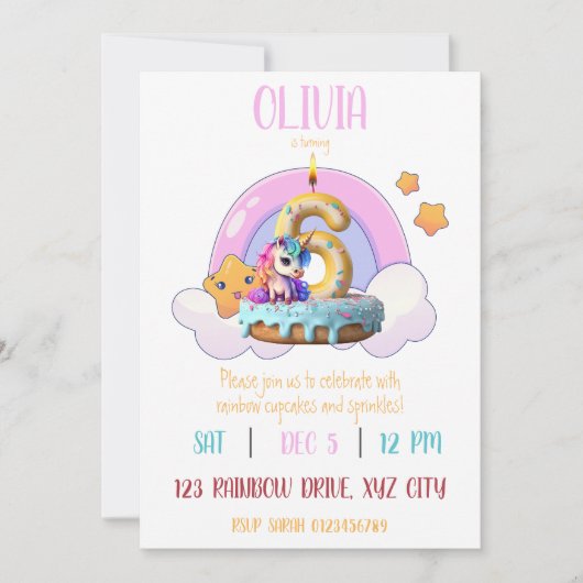 Regenboog Eenhoorn 6e Verjaardagsfeestje Cupcake Kaart (Voorkant)