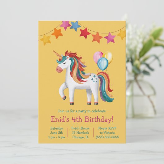 Regenboog Eenhoorn, Ballonnen & Banner Verjaardags Kaart (Staand voorkant)