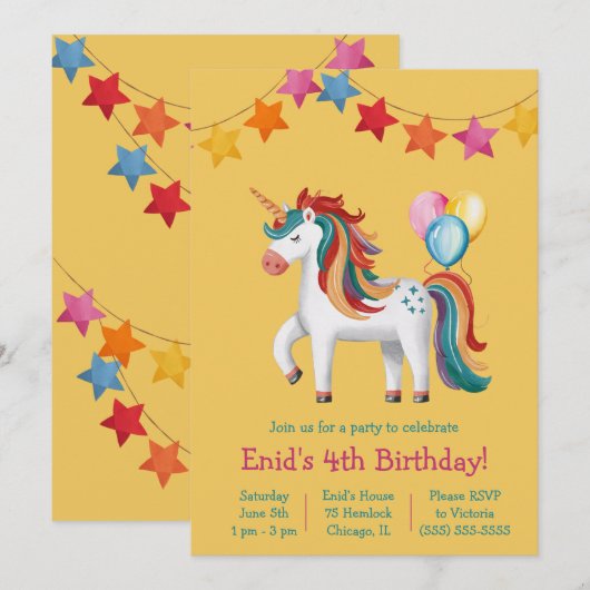 Regenboog Eenhoorn, Ballonnen & Banner Verjaardags Kaart (Voorkant / Achterkant)