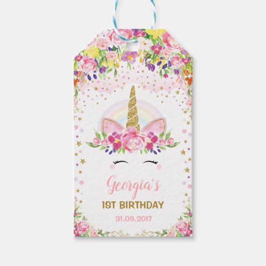Regenboog Eenhoorn Bloemen Roze Goud Confetti Favo Cadeaulabel (Voorkant)