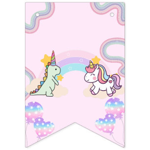 Regenboog Eenhoorn & Dinosaurus Vrienden Verjaarda Vlaggetjes