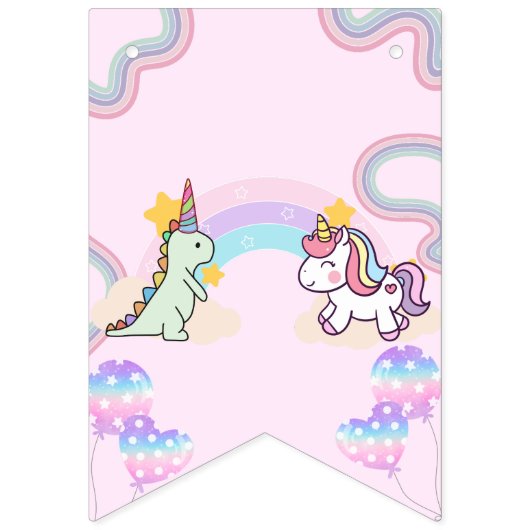 Regenboog Eenhoorn & Dinosaurus Vrienden Verjaarda Vlaggetjes (Eerste vlag)