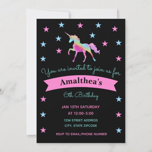 Regenboog Eenhoorn En Sterren Verjaardagsuitnodigi Kaart (Voorkant)