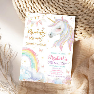 Regenboog Eenhoorn Glitter & Goud Verjaardagsuitno Kaart