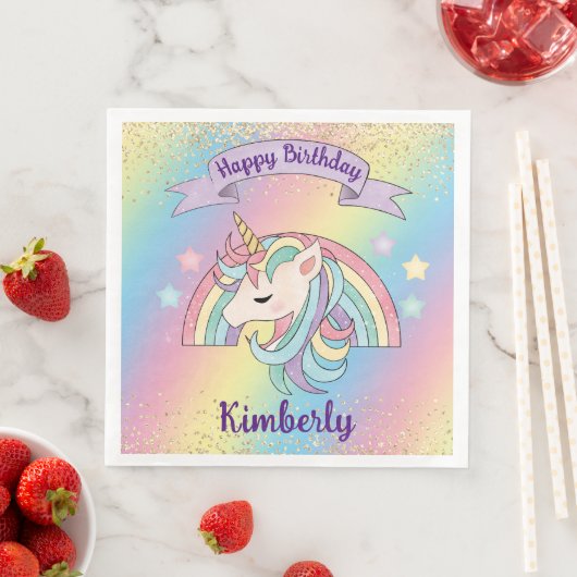 Regenboog & Eenhoorn Gouden Glitter Verjaardag Servet (Insitu)