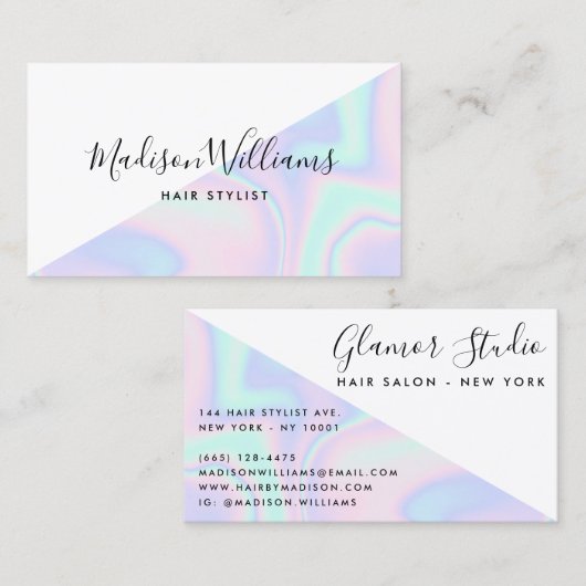 Regenboog eenhoorn holografisch haarsalon kleurblo visitekaartje (Voorkant / Achterkant)