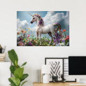 Regenboog Eenhoorn in Bloemenweide - Fantasy Paste Poster (Thuiskantoor)