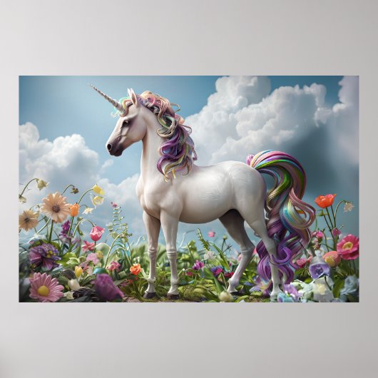 Regenboog Eenhoorn in Bloemenweide - Fantasy Paste Poster (Voorkant)