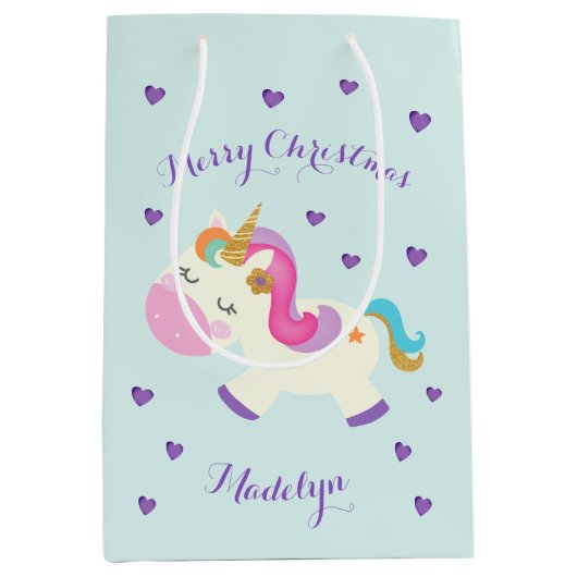 Regenboog Eenhoorn Kerstmis Glitter Aqua Medium Cadeauzakje (Voorkant)