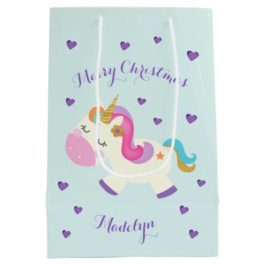 Regenboog Eenhoorn Kerstmis Glitter Aqua Medium Cadeauzakje (Achterkant)