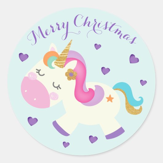 Regenboog Eenhoorn Kerstmis Glitter Aqua Ronde Sticker (Voorkant)