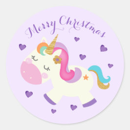 Regenboog Eenhoorn Kerstmis Glitter Paarse Ronde Sticker
