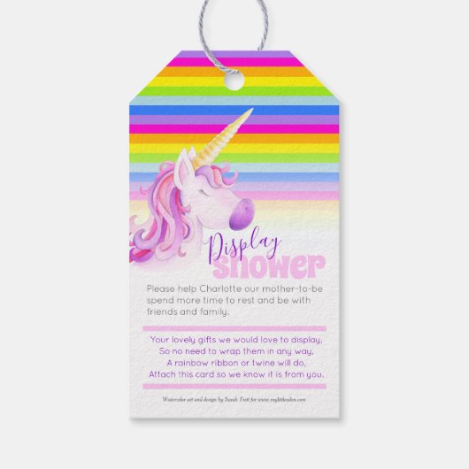 Regenboog eenhoorn kunst baby shower display gesch cadeaulabel (Achterkant)