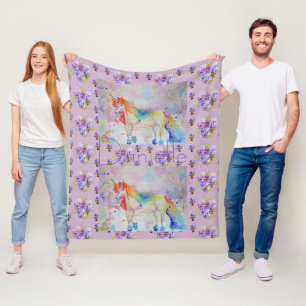 Regenboog Eenhoorn Paarse Bloemen Pansy Fleece Dek Deken