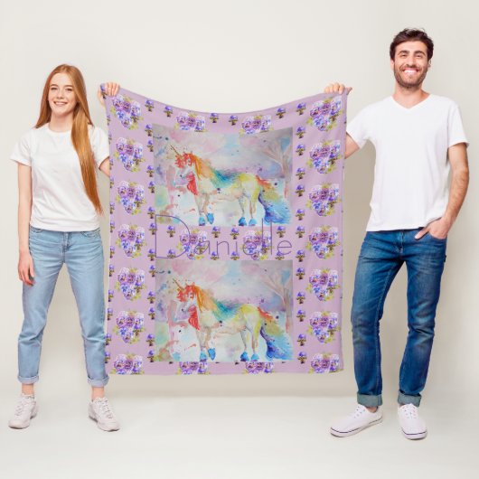 Regenboog Eenhoorn Paarse Bloemen Pansy Fleece Dek Deken (In situ)