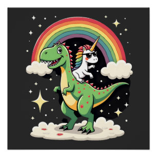 Regenboog Eenhoorn Ridding T rex - Dinosaur Kinder Perfect Poster