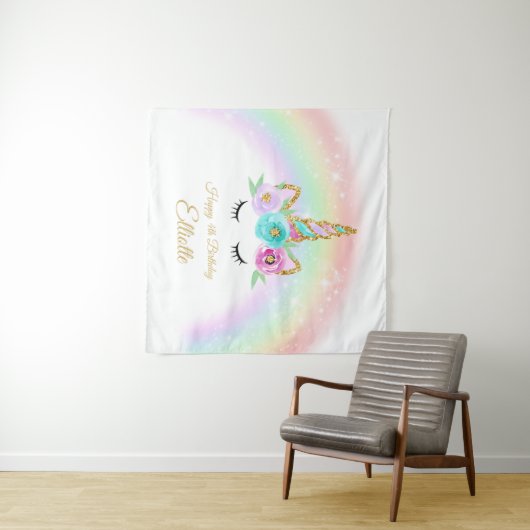 Regenboog eenhoorn verjaardagsachtergrond wandkleed (In Situ (horizontaal))