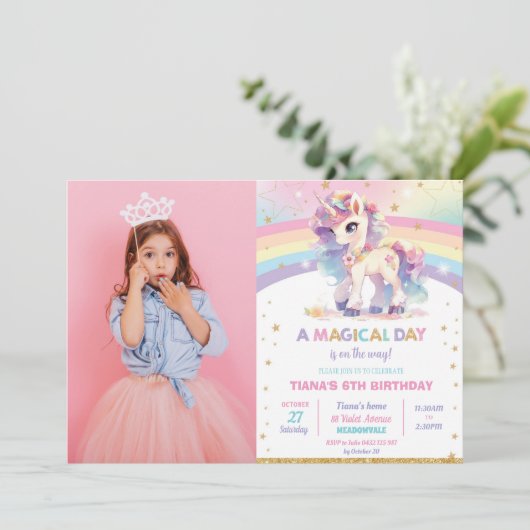  regenboog eenhoorn verjaardagsfeestje meisje foto kaart (Staand voorkant)