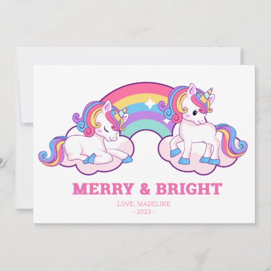 Regenboog Eenhoorn Vrolijk en Helder Kerstmis Feestdagenkaart (Voorkant)