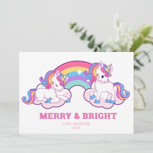 Regenboog Eenhoorn Vrolijk en Helder Kerstmis Feestdagenkaart (Staand voorkant)