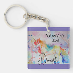 Regenboog Eenhoorn Waterverf Paars Cute Kids Sleutelhanger