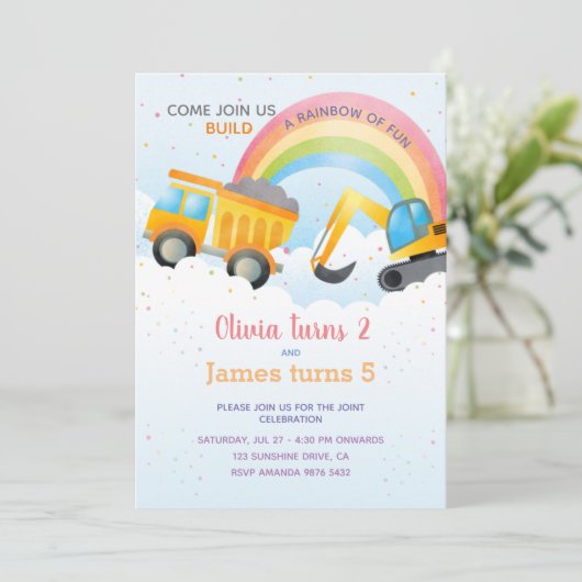 Regenboog en bouw Gezamenlijke verjaardag Kaart (Staand voorkant)