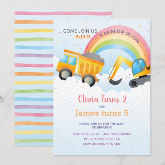 Regenboog en bouw Gezamenlijke verjaardag Kaart (Voorkant / Achterkant)