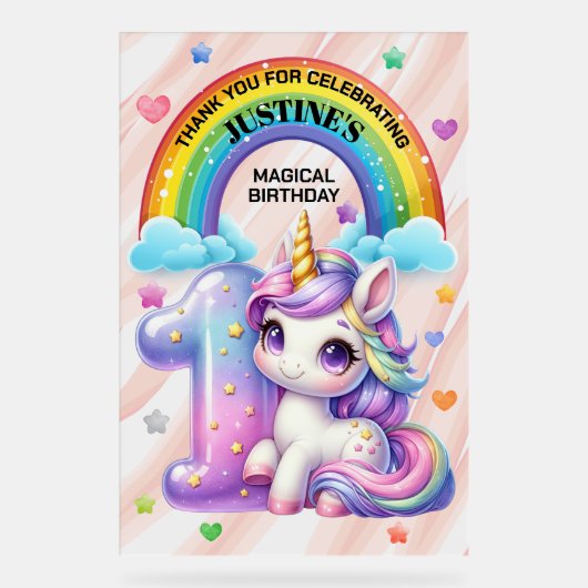 Regenboog en eenhoorn 1e verjaardagsfeest acryl bord (Voorkant)