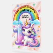Regenboog en eenhoorn 1e verjaardagsfeest acryl bord (Hoek)